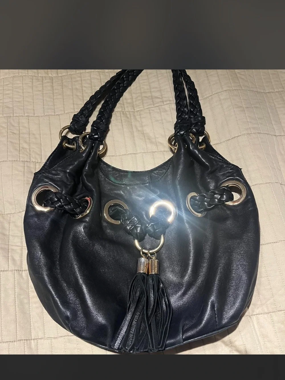 Black Braided Handle Tassel Hobo Bag